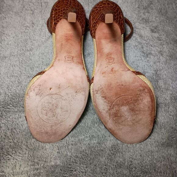 Tory Burch Croc Designed Ankle Strap Peep Toe Leather Heels Sandals Size 7M 7 M - Picture 12 of 16